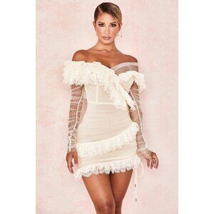 NWT House of CB ‘Sorrel’ Ivory Lace Frill Tulle Asymmetric Minidress NEW W TAGS